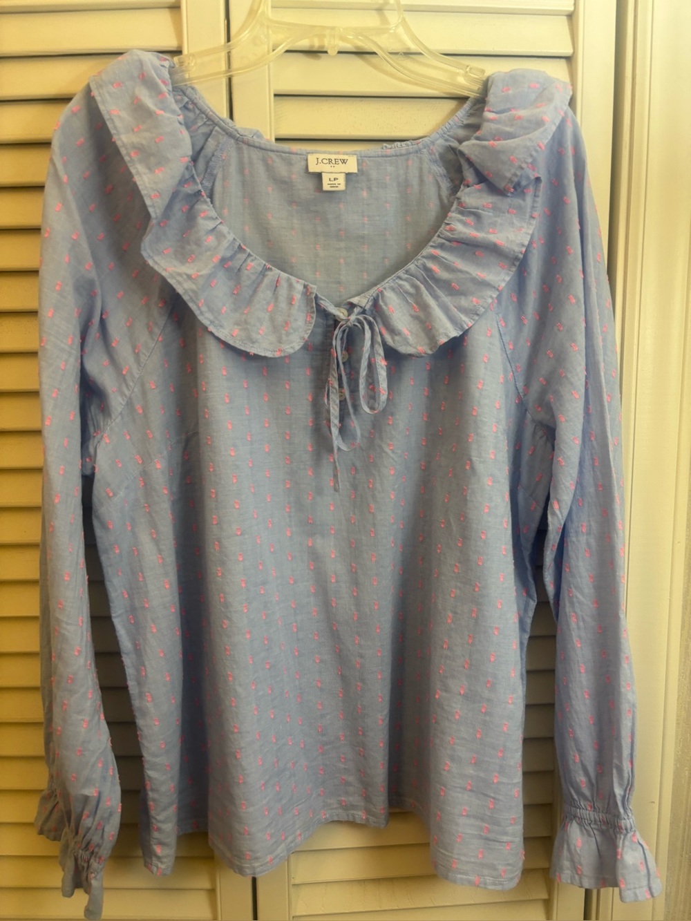 J.Crew Ruffleneck Chambray Blue Blouse with Pink Dots